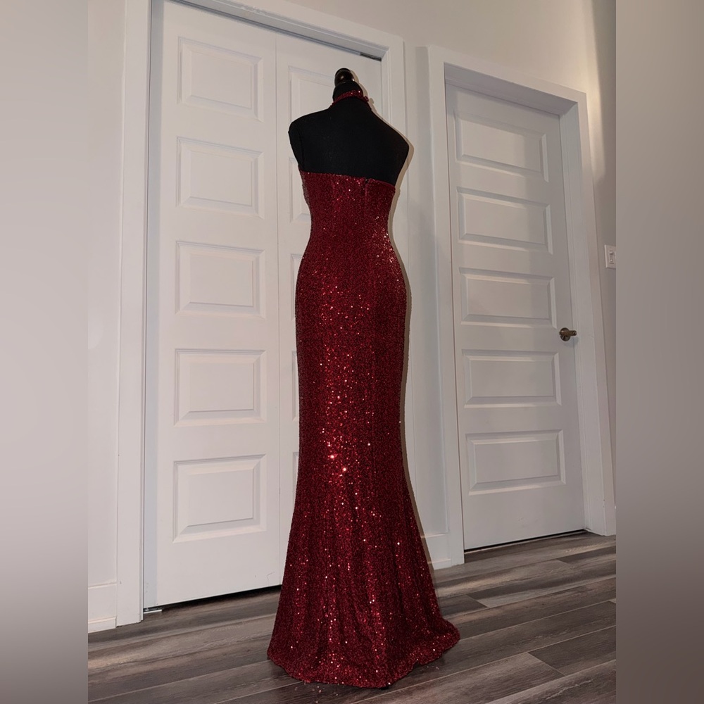 BabyBoo Fashion Elegant Burgundy Sequin Halter Dress - Picture 4 of 8
